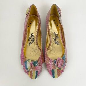 Naughty Monkey Peep Toe Pink Orange Blue Green Snake Print Leather Flats Sz 9.5
